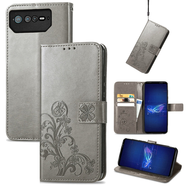 For Asus ROG Phone 6 Four-leaf Clasp Embossed Buckle Leather Phone Case