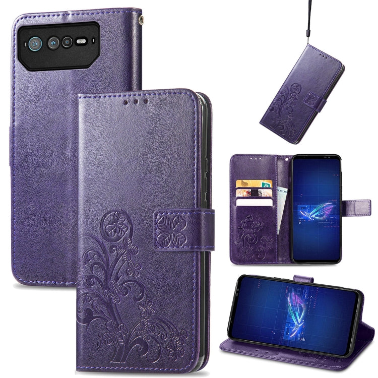 For Asus ROG Phone 6 Four-leaf Clasp Embossed Buckle Leather Phone Case