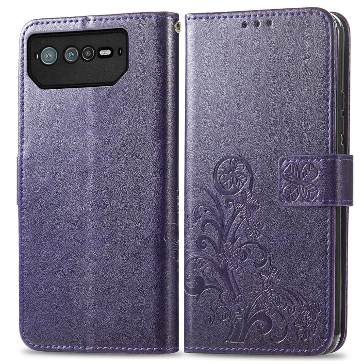 For Asus ROG Phone 6 Four-leaf Clasp Embossed Buckle Leather Phone Case