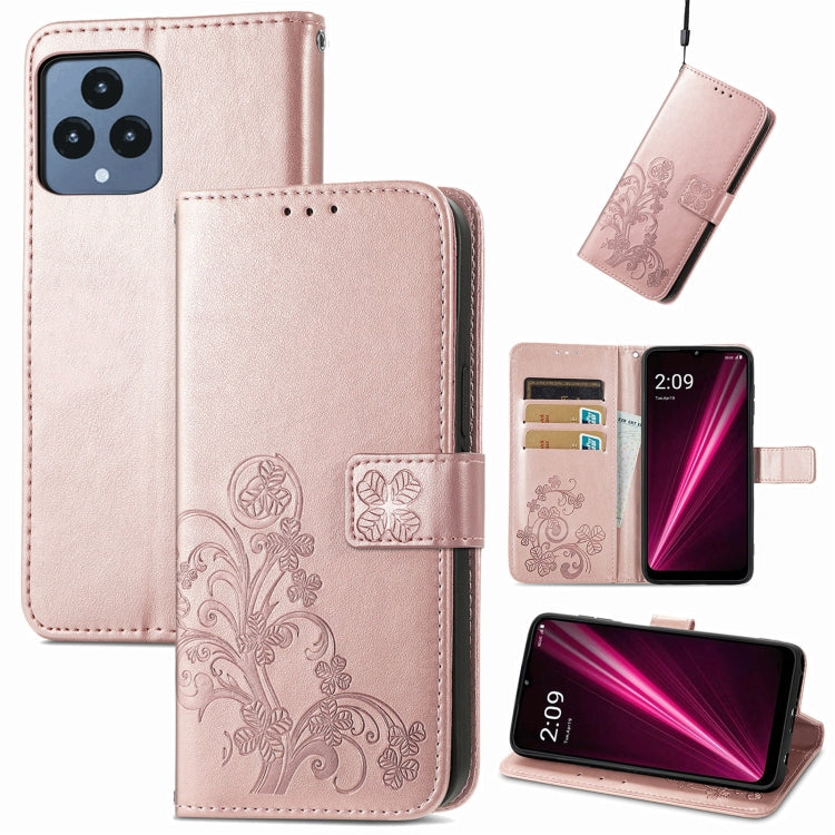 For T-Mobile REVVL 6 5G Four-leaf Clasp Embossed Buckle Leather Phone Case