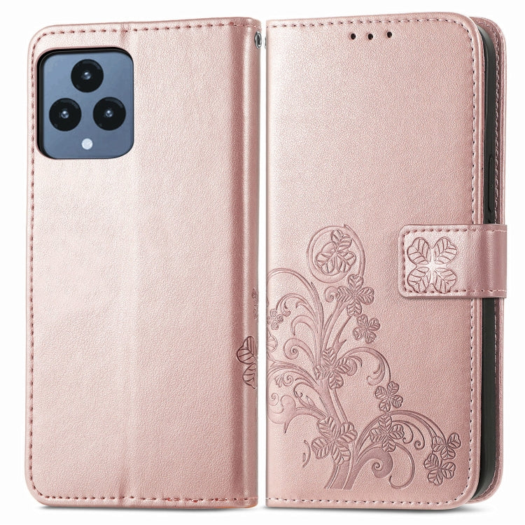 For T-Mobile REVVL 6 5G Four-leaf Clasp Embossed Buckle Leather Phone Case