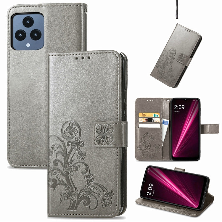 For T-Mobile REVVL 6 5G Four-leaf Clasp Embossed Buckle Leather Phone Case