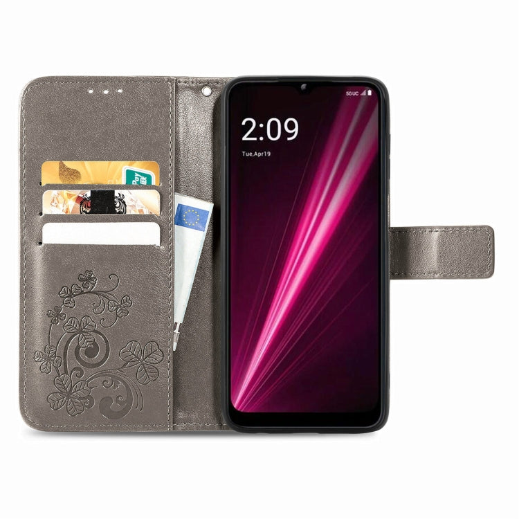 For T-Mobile REVVL 6 5G Four-leaf Clasp Embossed Buckle Leather Phone Case