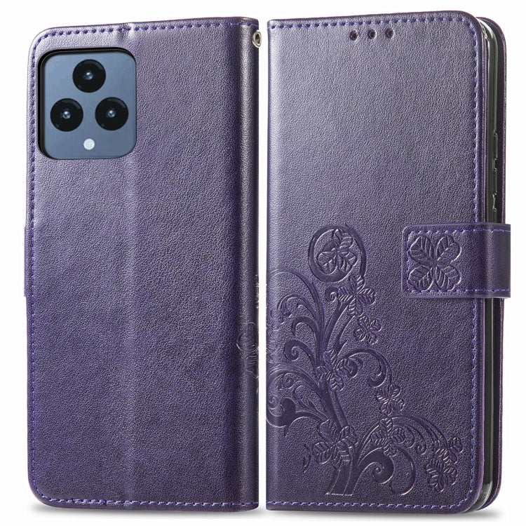For T-Mobile REVVL 6 5G Four-leaf Clasp Embossed Buckle Leather Phone Case