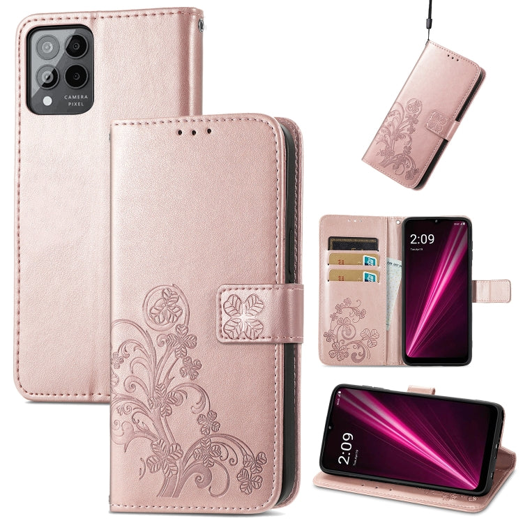 For T-Mobile Revvl 6 Pro 5G Four-leaf Clasp Embossed Buckle Leather Phone Case