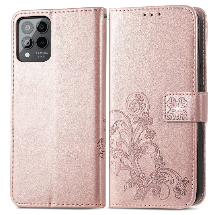 For T-Mobile Revvl 6 Pro 5G Four-leaf Clasp Embossed Buckle Leather Phone Case