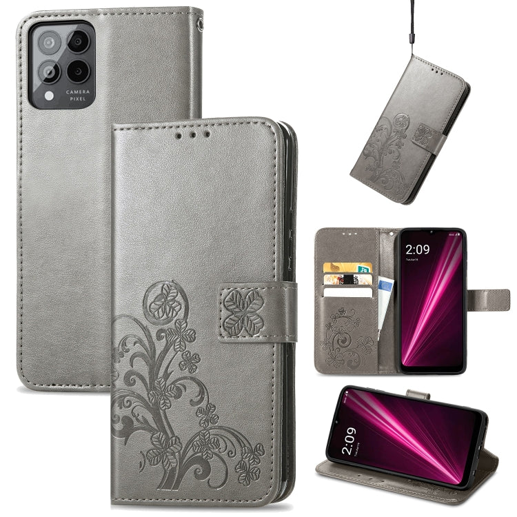For T-Mobile Revvl 6 Pro 5G Four-leaf Clasp Embossed Buckle Leather Phone Case