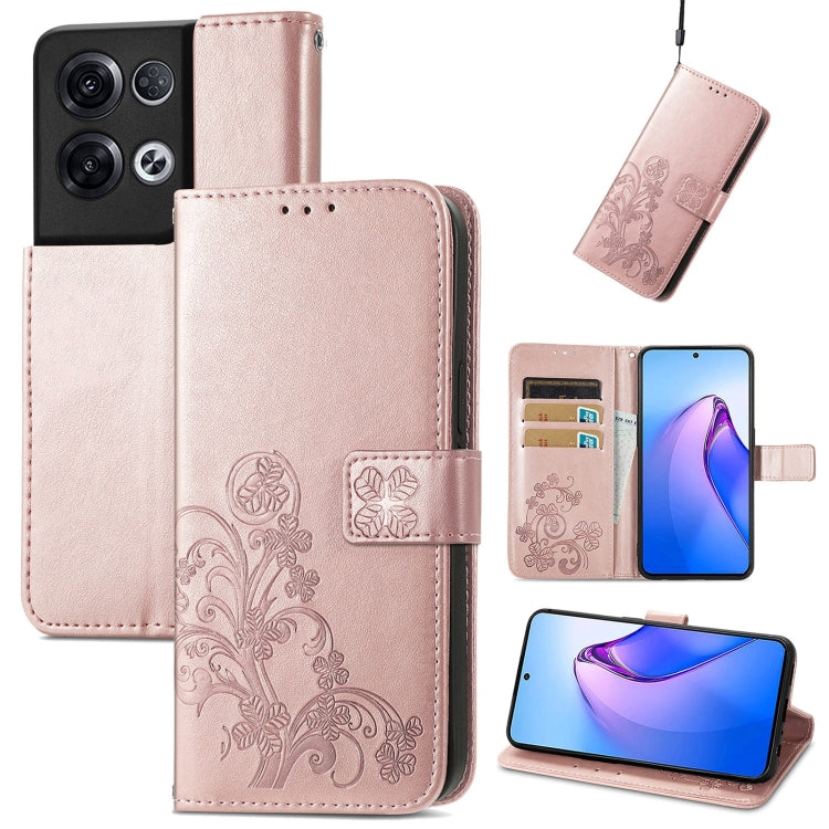 For OPPO Reno8 Pro Overseas Edition Four-leaf Clasp Embossed Buckle Leather Phone Case