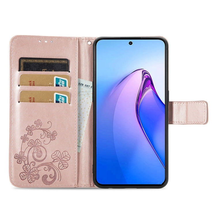 For OPPO Reno8 Pro Overseas Edition Four-leaf Clasp Embossed Buckle Leather Phone Case