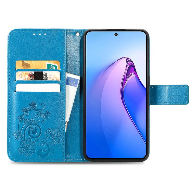 For OPPO Reno8 Pro Overseas Edition Four-leaf Clasp Embossed Buckle Leather Phone Case