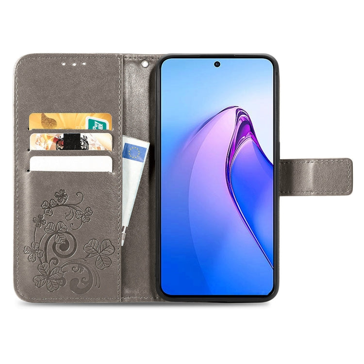 For OPPO Reno8 Pro Overseas Edition Four-leaf Clasp Embossed Buckle Leather Phone Case