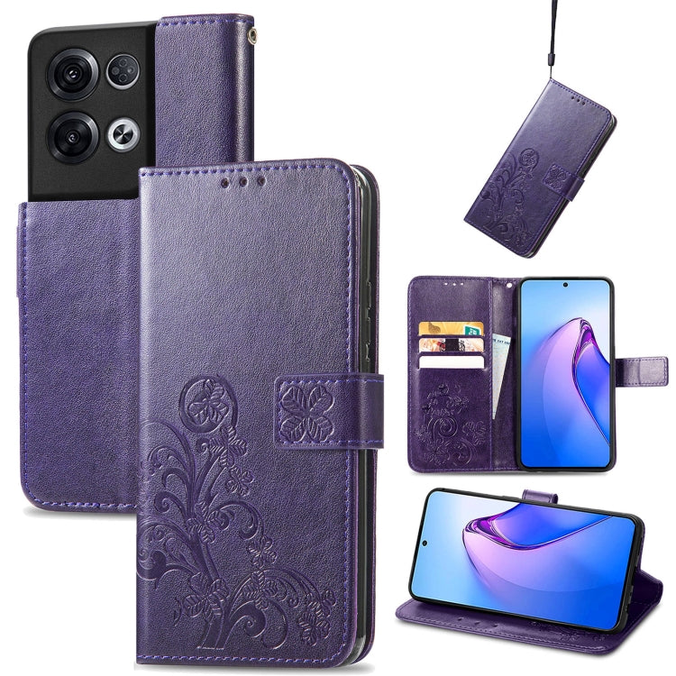 For OPPO Reno8 Pro Overseas Edition Four-leaf Clasp Embossed Buckle Leather Phone Case