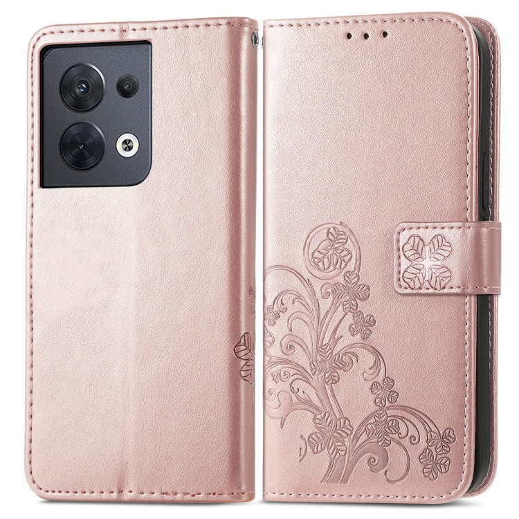 For OPPO Reno8 4G Four-leaf Clasp Embossed Buckle Leather Phone Case