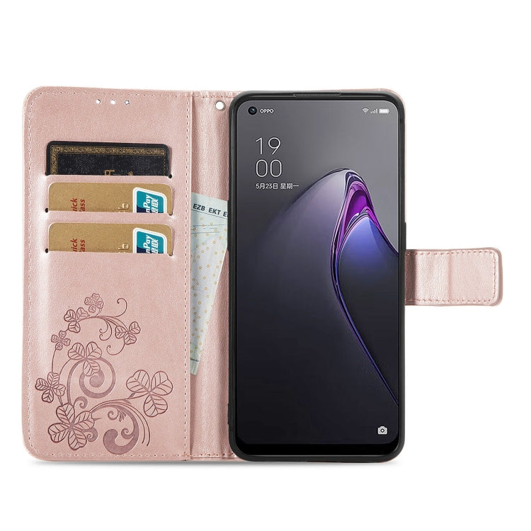 For OPPO Reno8 4G Four-leaf Clasp Embossed Buckle Leather Phone Case