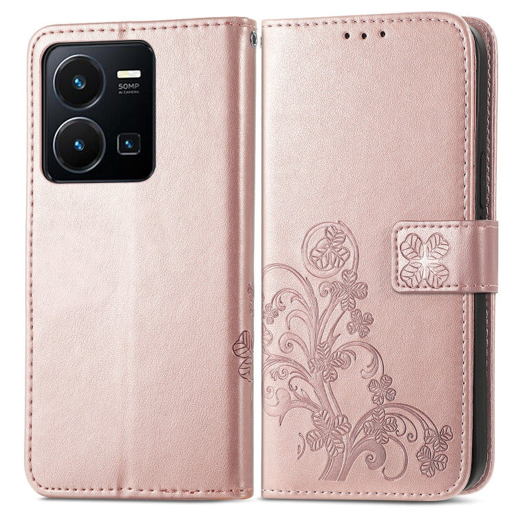 For vivo Y35 Four-leaf Clasp Embossed Buckle Leather Phone Case