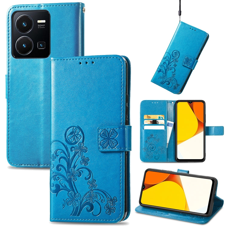 For vivo Y35 Four-leaf Clasp Embossed Buckle Leather Phone Case