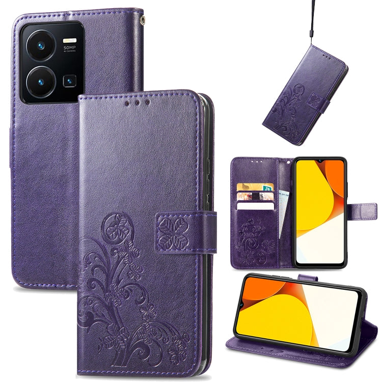 For vivo Y35 Four-leaf Clasp Embossed Buckle Leather Phone Case