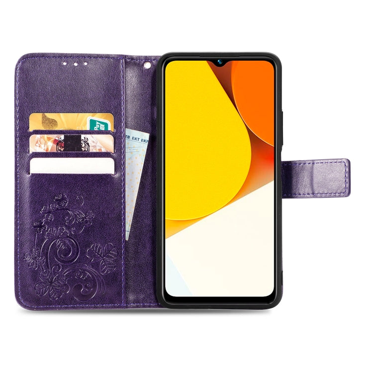 For vivo Y35 Four-leaf Clasp Embossed Buckle Leather Phone Case