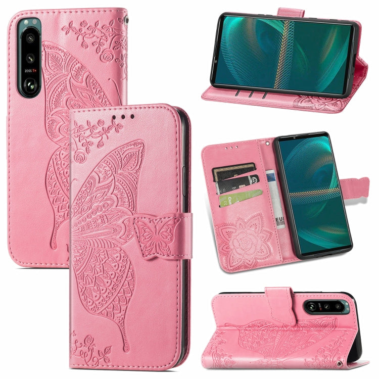 For Sony Xperia 5 IV Butterfly Love Flower Embossed Leather Phone Case