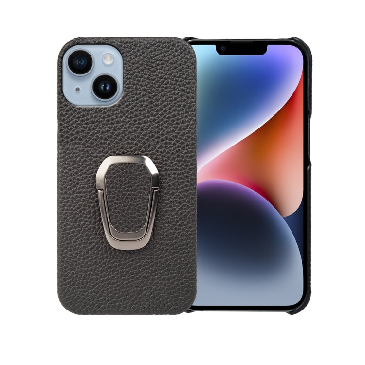 For iPhone 14 Ring Holder Litchi Texture Genuine Leather Phone Case