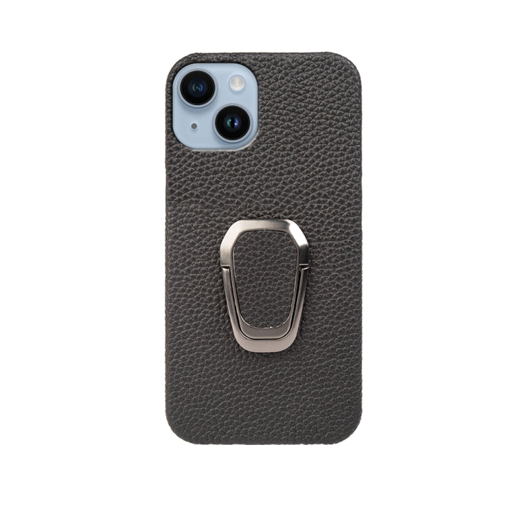 For iPhone 14 Ring Holder Litchi Texture Genuine Leather Phone Case