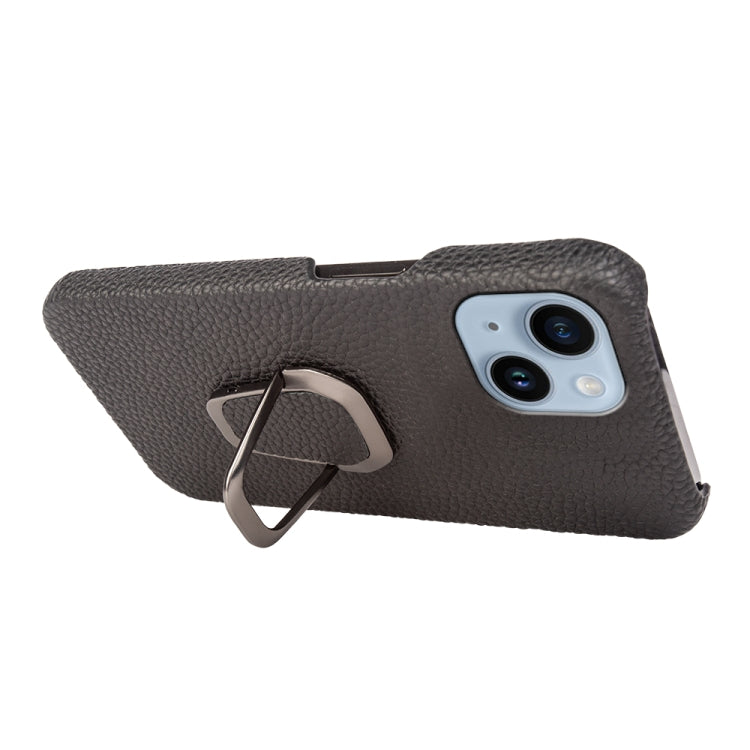 For iPhone 14 Ring Holder Litchi Texture Genuine Leather Phone Case