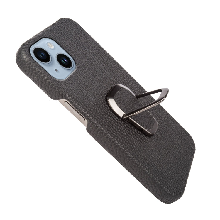 For iPhone 14 Ring Holder Litchi Texture Genuine Leather Phone Case