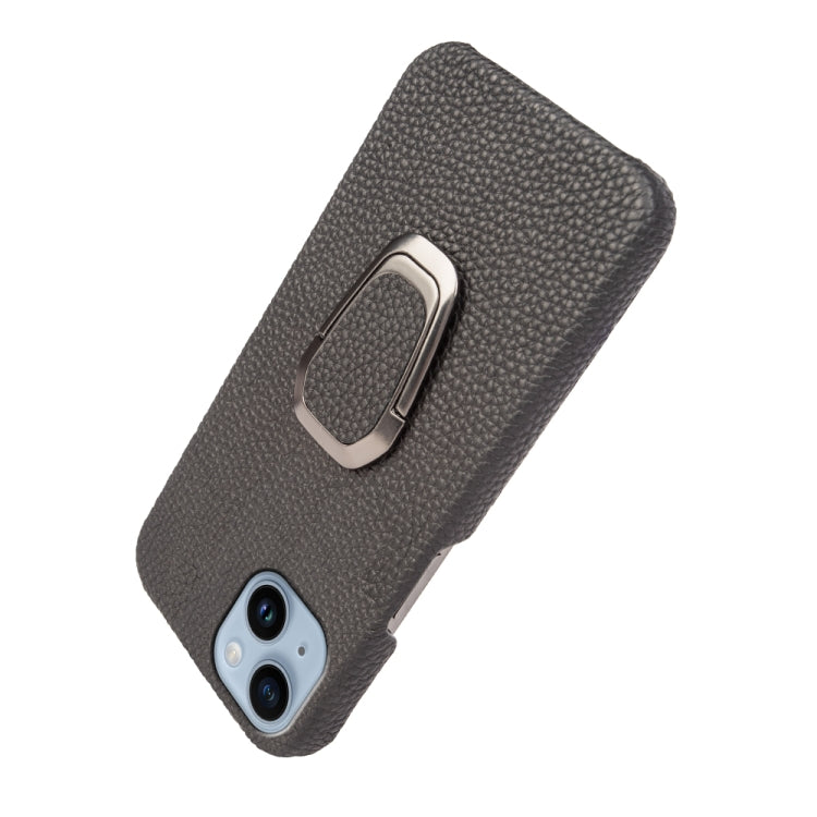 For iPhone 14 Ring Holder Litchi Texture Genuine Leather Phone Case