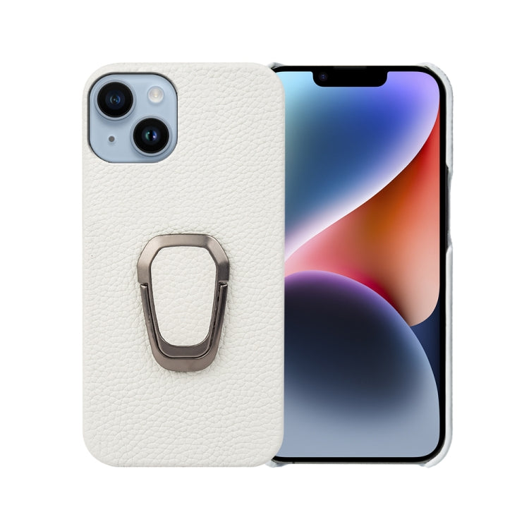 For iPhone 14 Ring Holder Litchi Texture Genuine Leather Phone Case