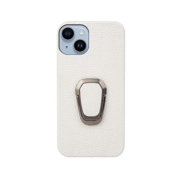 For iPhone 14 Ring Holder Litchi Texture Genuine Leather Phone Case