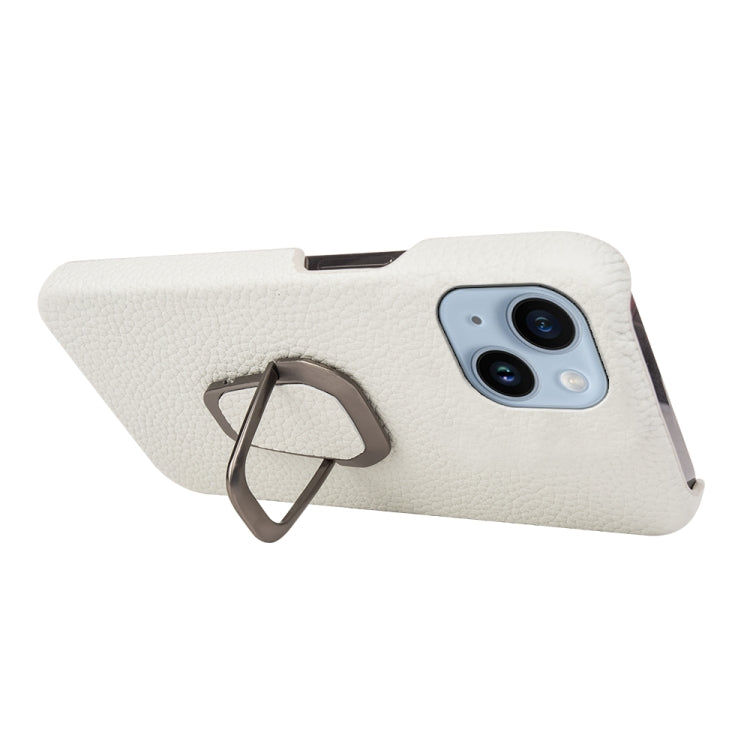 For iPhone 14 Ring Holder Litchi Texture Genuine Leather Phone Case