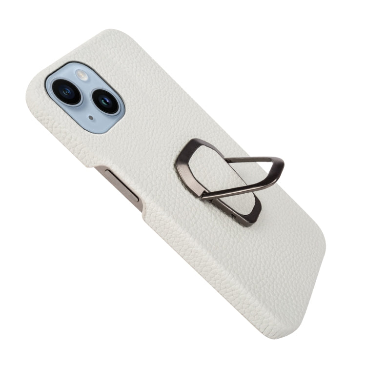 For iPhone 14 Ring Holder Litchi Texture Genuine Leather Phone Case