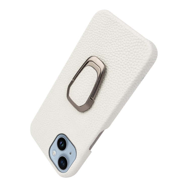 For iPhone 14 Ring Holder Litchi Texture Genuine Leather Phone Case