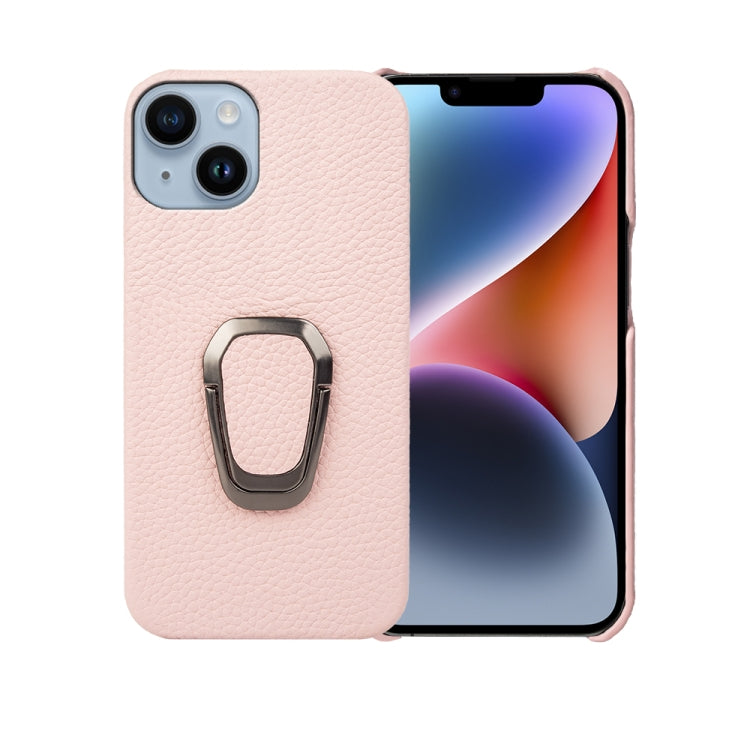 For iPhone 14 Ring Holder Litchi Texture Genuine Leather Phone Case
