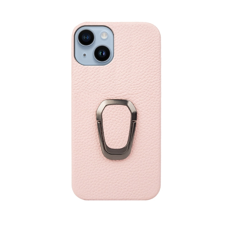 For iPhone 14 Ring Holder Litchi Texture Genuine Leather Phone Case