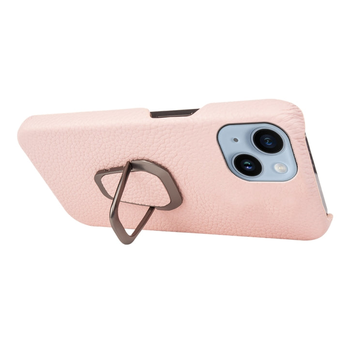 For iPhone 14 Ring Holder Litchi Texture Genuine Leather Phone Case