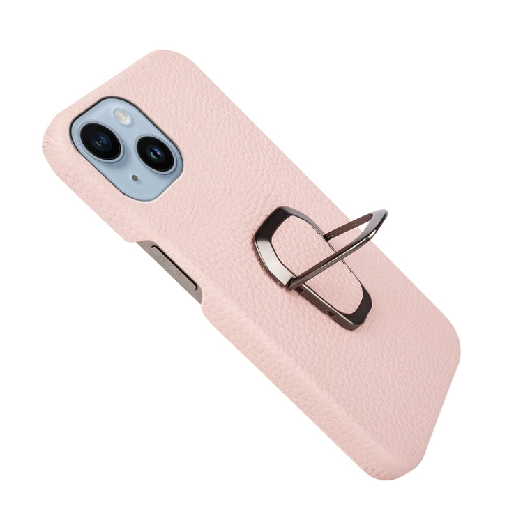 For iPhone 14 Ring Holder Litchi Texture Genuine Leather Phone Case