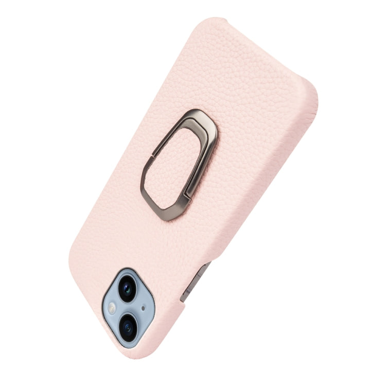 For iPhone 14 Ring Holder Litchi Texture Genuine Leather Phone Case
