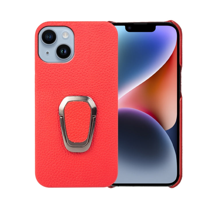 For iPhone 14 Ring Holder Litchi Texture Genuine Leather Phone Case