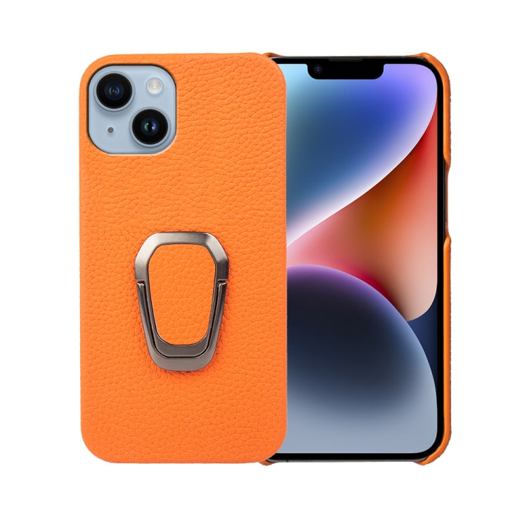 For iPhone 14 Ring Holder Litchi Texture Genuine Leather Phone Case