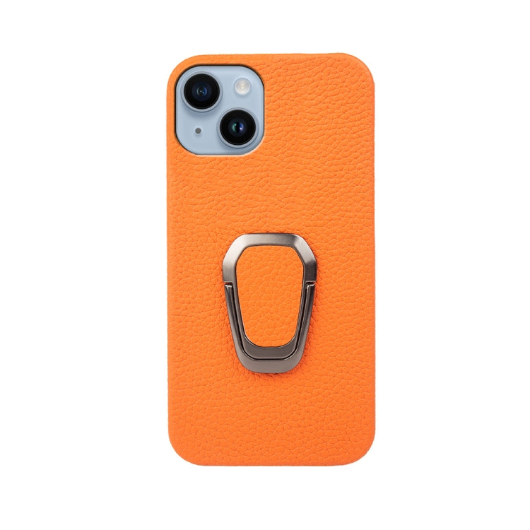 For iPhone 14 Ring Holder Litchi Texture Genuine Leather Phone Case