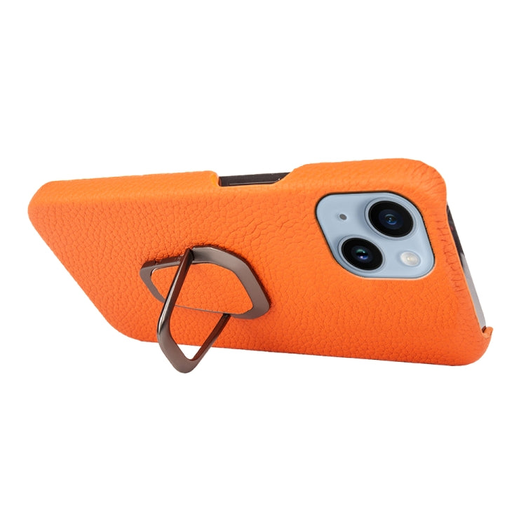 For iPhone 14 Ring Holder Litchi Texture Genuine Leather Phone Case