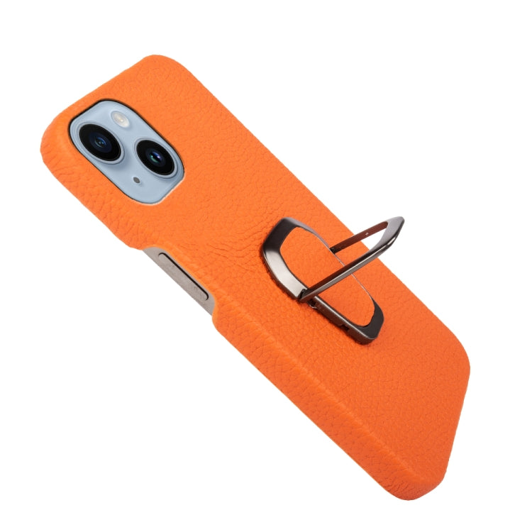 For iPhone 14 Ring Holder Litchi Texture Genuine Leather Phone Case