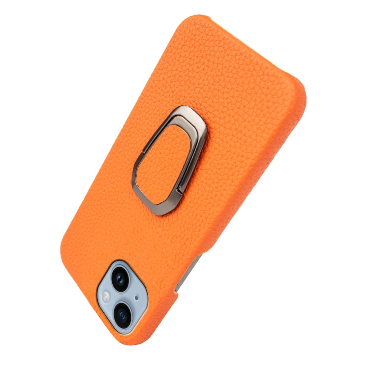 For iPhone 14 Ring Holder Litchi Texture Genuine Leather Phone Case