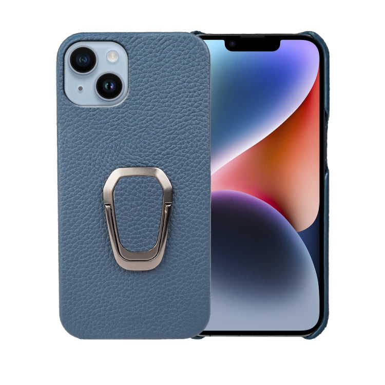 For iPhone 14 Ring Holder Litchi Texture Genuine Leather Phone Case