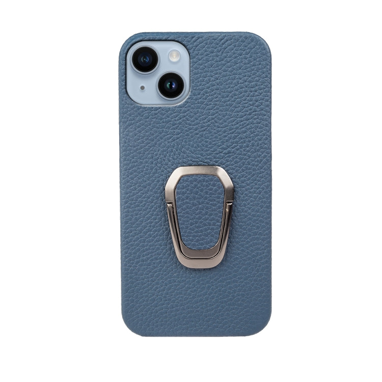 For iPhone 14 Ring Holder Litchi Texture Genuine Leather Phone Case