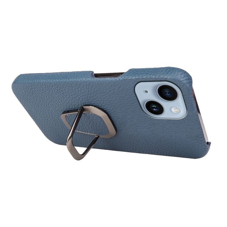 For iPhone 14 Ring Holder Litchi Texture Genuine Leather Phone Case