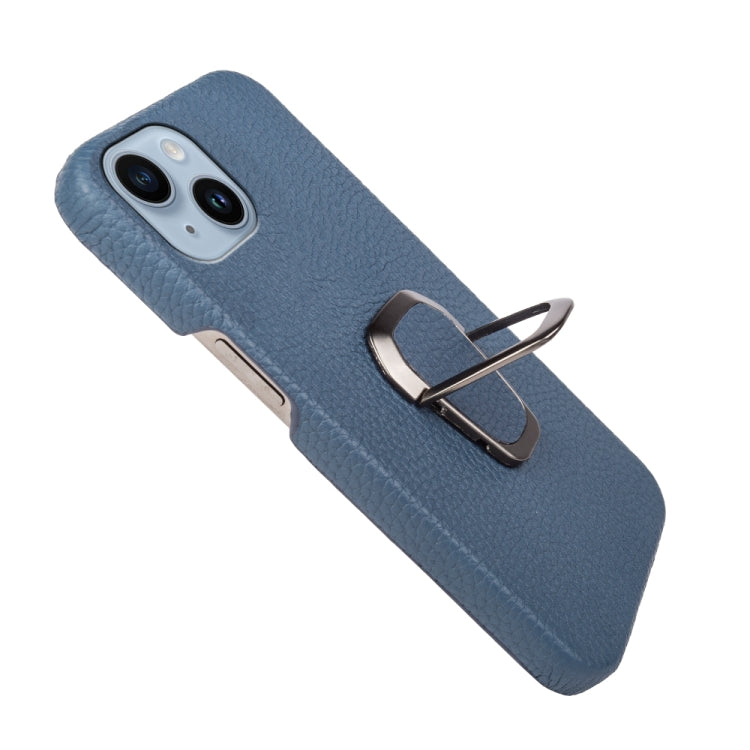 For iPhone 14 Ring Holder Litchi Texture Genuine Leather Phone Case