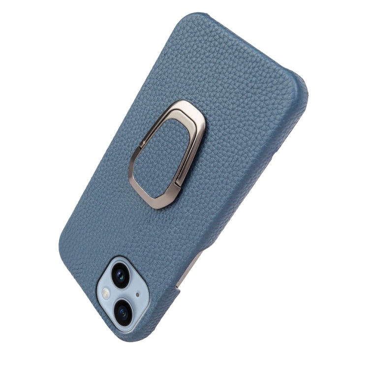 For iPhone 14 Ring Holder Litchi Texture Genuine Leather Phone Case