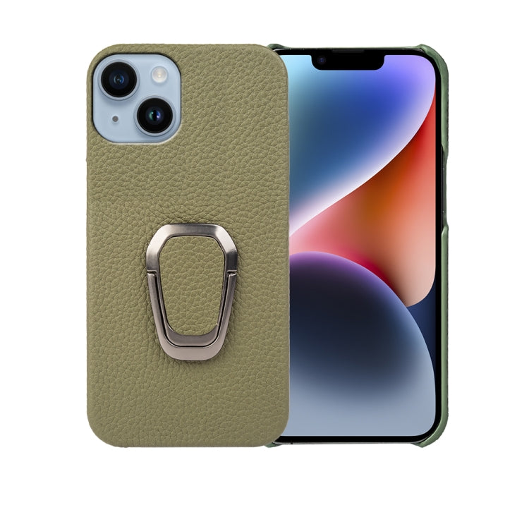 For iPhone 14 Ring Holder Litchi Texture Genuine Leather Phone Case
